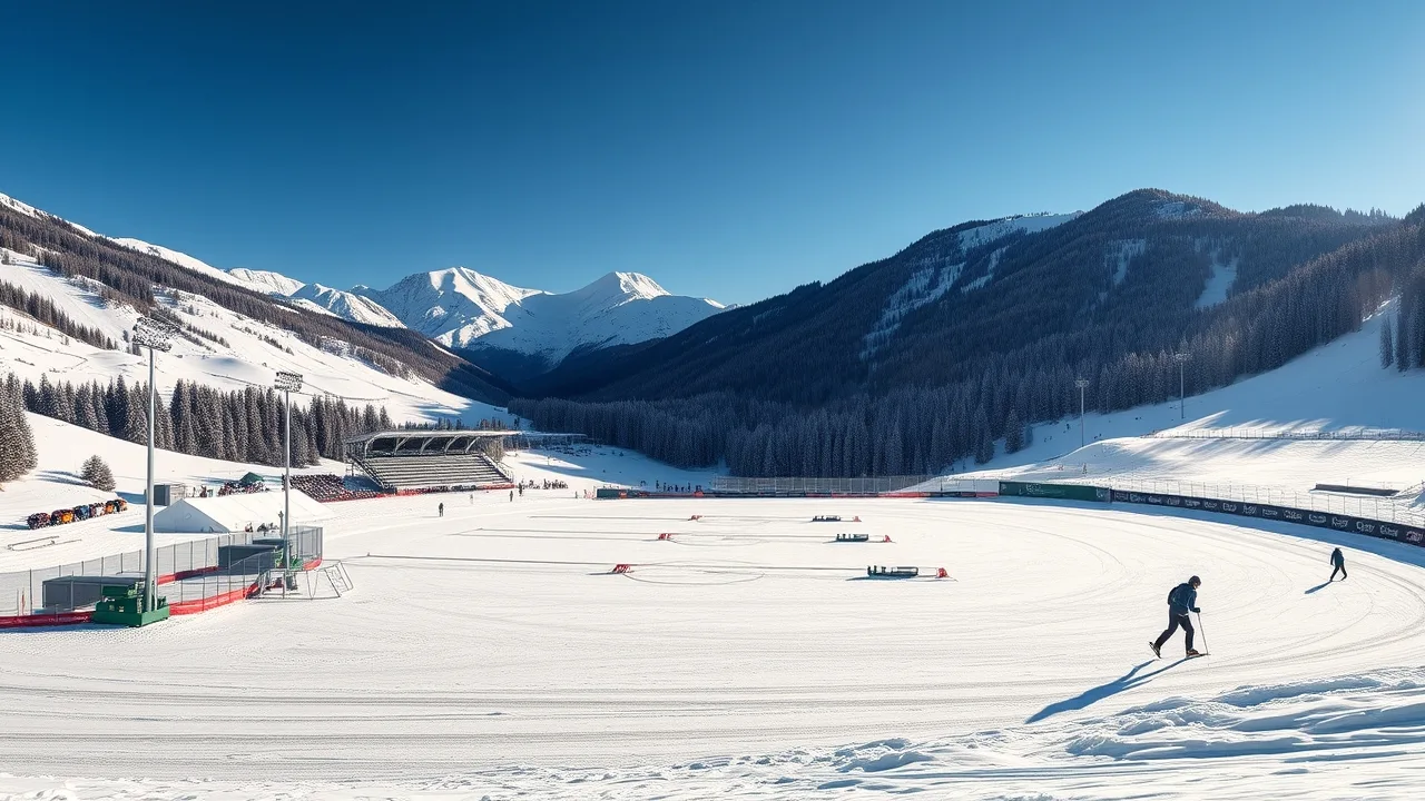 Biatlonová aréna Südtirol Arena v Antholzu za zimního dne