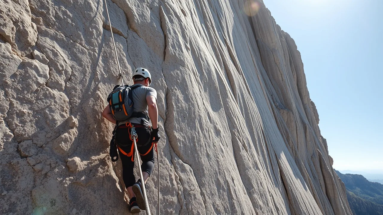 Zajištěná cesta via ferrata na skalní stěně v Dolomitech