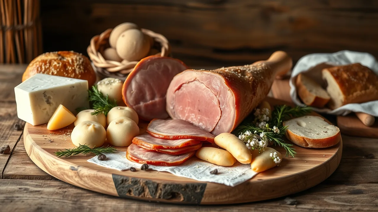 Tyrolské speciality, speck, knedlíky a sýr na prkénku
