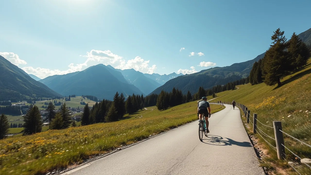 Cyklista na cyklostezce v údolí Pustertal u Kronplatzu