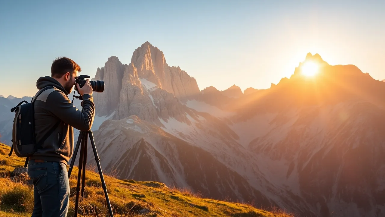 Fotograf se stativem při východu slunce nad vrcholky Dolomit