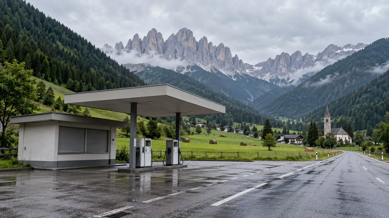 Malá čerpací stanice v jihotyrolském údolí pod zalesněnými svahy a dolomitskými vrcholy